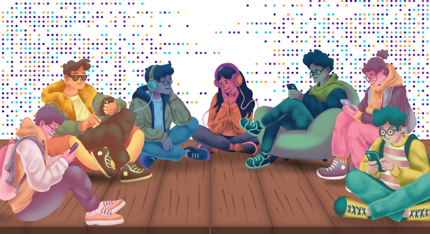 A digital illustration features a group of young people sitting on a wooden floor, engaging with their devices. They are dressed in colorful, cozy outfits, including hoodies, scarves, and sneakers. Some are listening to music with headphones, while others are absorbed in their smartphones