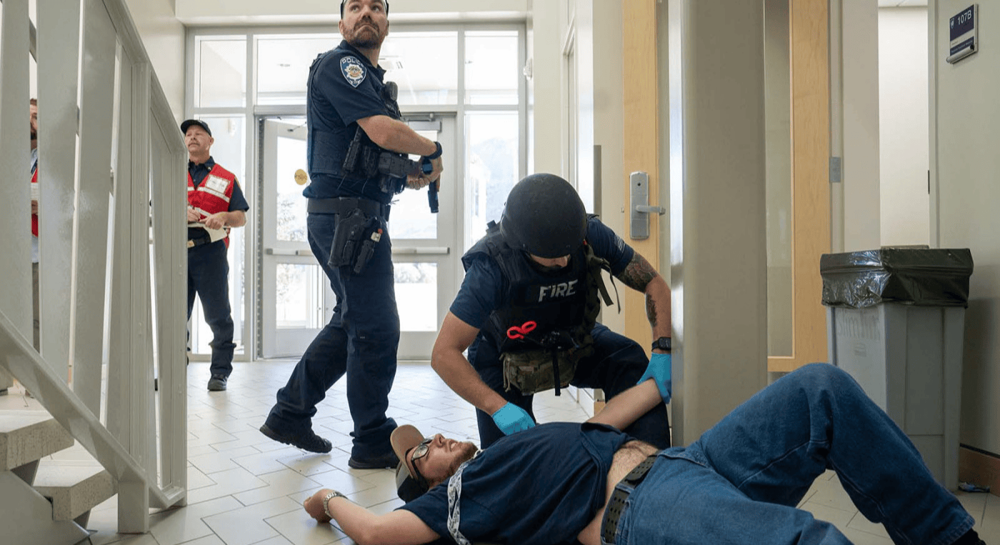 Police officers practiving how to take down an active shooter in a drill
