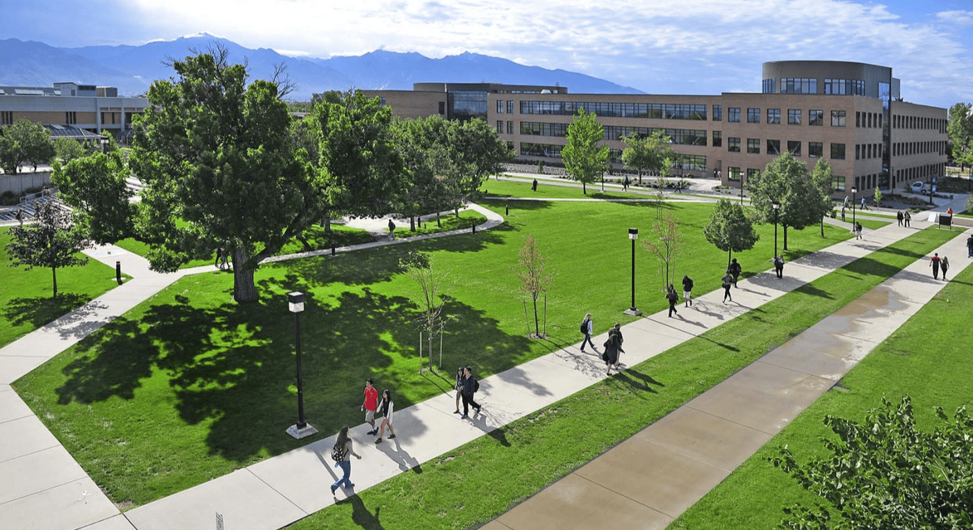 Arial shot of walking paths and trees on the U of U campus