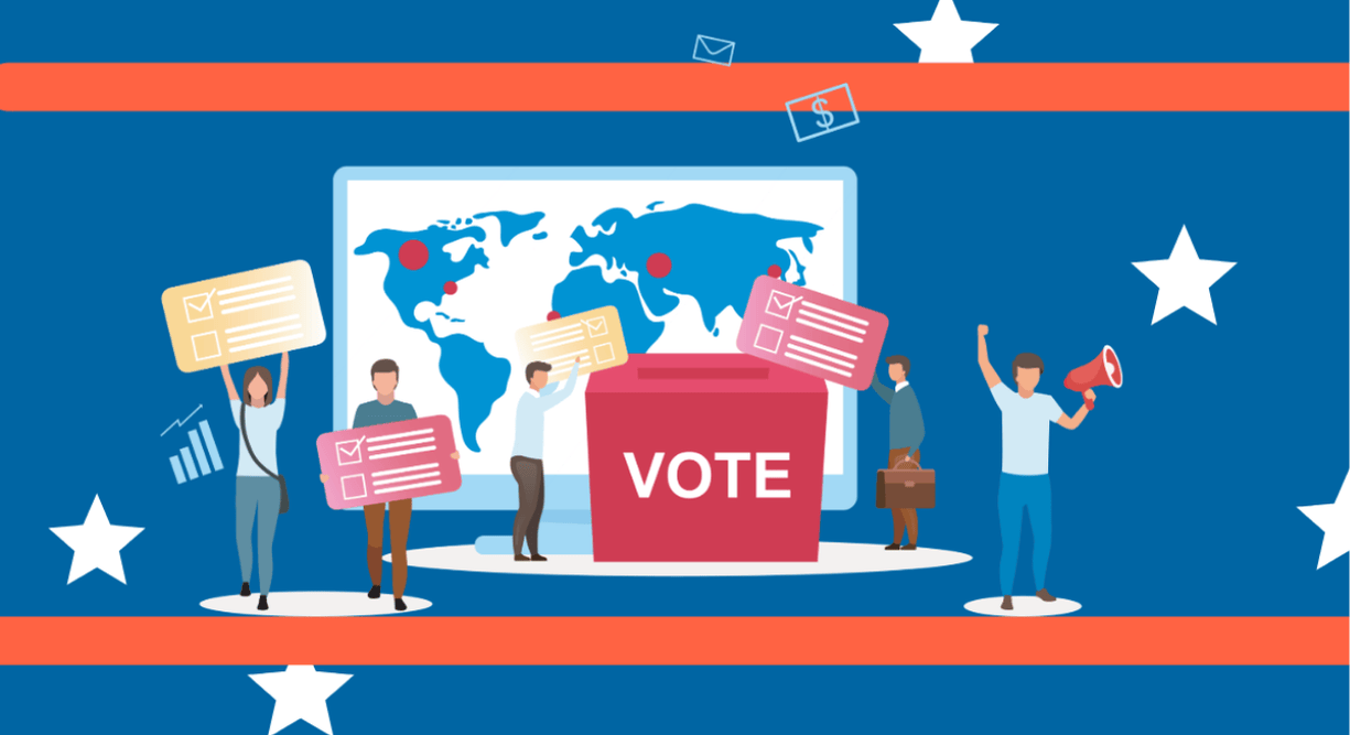 Cartoon of people holding voting ballots